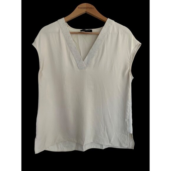 Lafayette 148 Women's LG Ivory Silk Blouse with Gold Sparkle Neckline - Picture 1 of 7